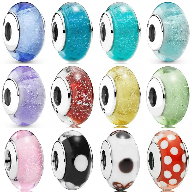 

New 925 Sterling Silver Charm Multicolor Shimmering Radiant White Beaded Murano Glass Bead Fit Popular Bracelet Diy Jewelry