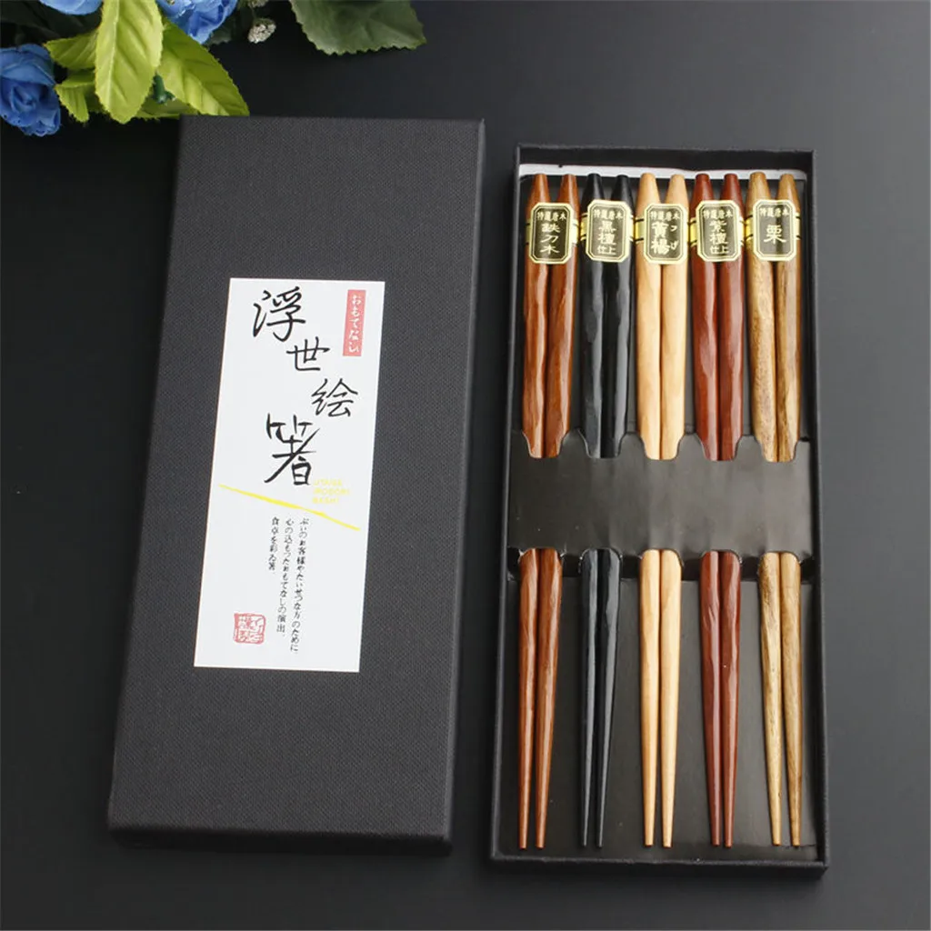 

5 Pairs Japanese Style Wood Chopsticks Reusable Natural Beech Chopsticks Tableware Pizza Noodle Tool Chinese Set