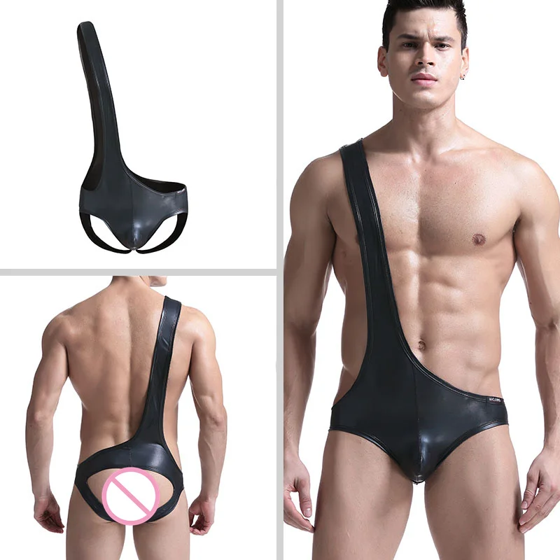 

AIIOU Sexy Men Black Patent Imitation Leather Rompers Jumpsuit Funny Bodysuit Erotic Gay Sissy Stripper T-Back Men Undershirts