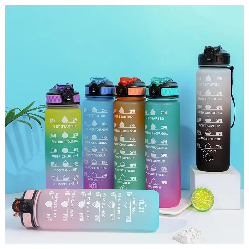 1 Liter Botol Air Olahraga Anti Bocor Gym Kebugaran Kendi dengan Skala Waktu Motivasi Minum Botol untuk Luar Ruangan Bersepeda BPA Gratis