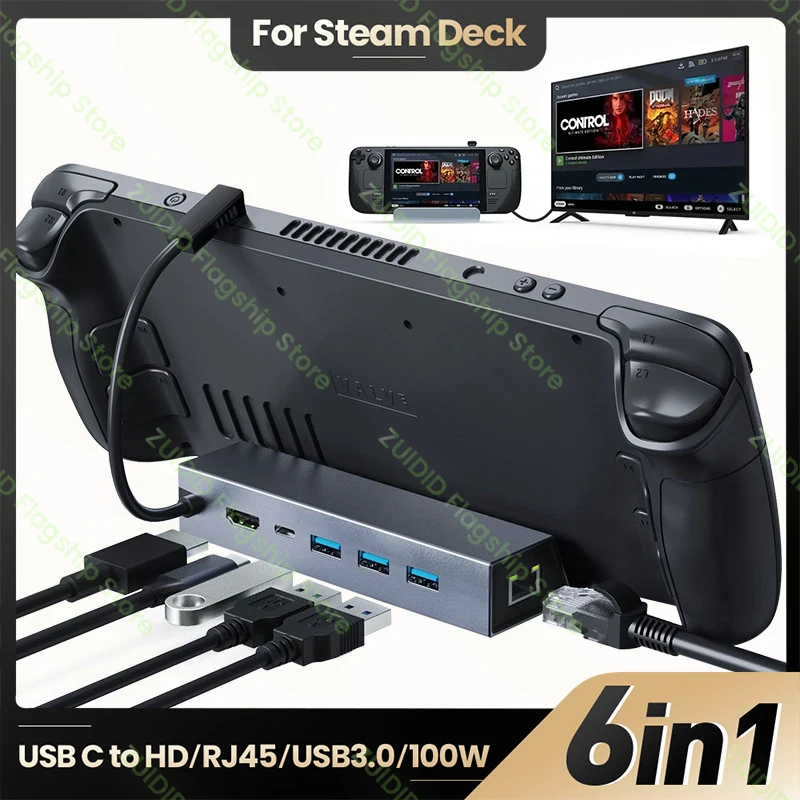 

6-in-1 USB C Docking Station Stand for Steam Deck Switch Type C to PD 100W/4K@30Hz/HDMI-Compatible/Gigabit Ethernet/USB 3.0 Hub
