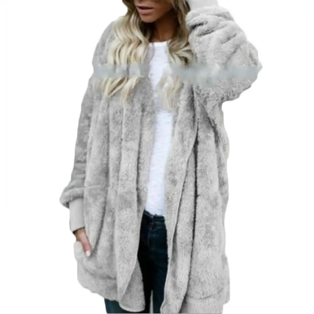 

Cardigan Coat Casual Long Sleeve Hooded Winter Jacket Coat Ladies V-Neck Loose Reversible Fleece Pocket Midi 2020
