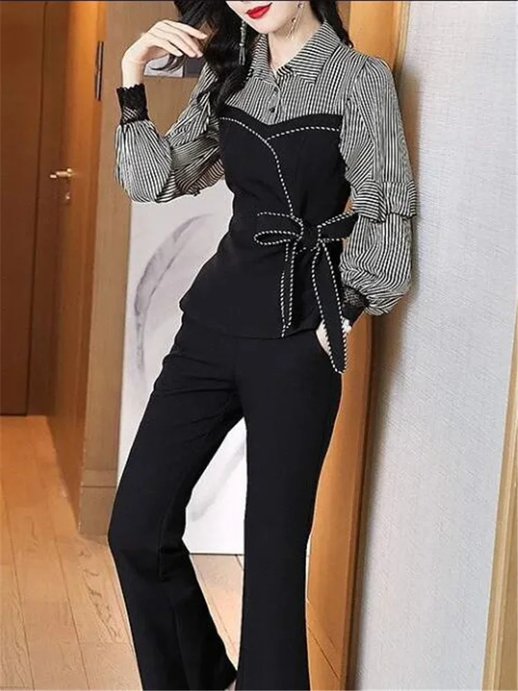 

Fashion Stripe splicing Shirt Women Blouses Fake Two Pieces Top Bandage Lapel Blusas Slim Pullover Offce Ladies Business Shirt