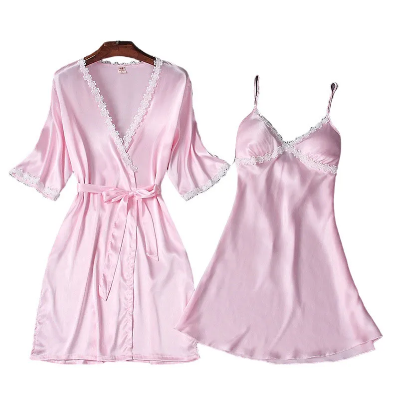 Women's Sleepwear 2 Pcs Sets Satin Silk Sleep Dress Sling Mini Dress and Cami Robe Pajamas Set