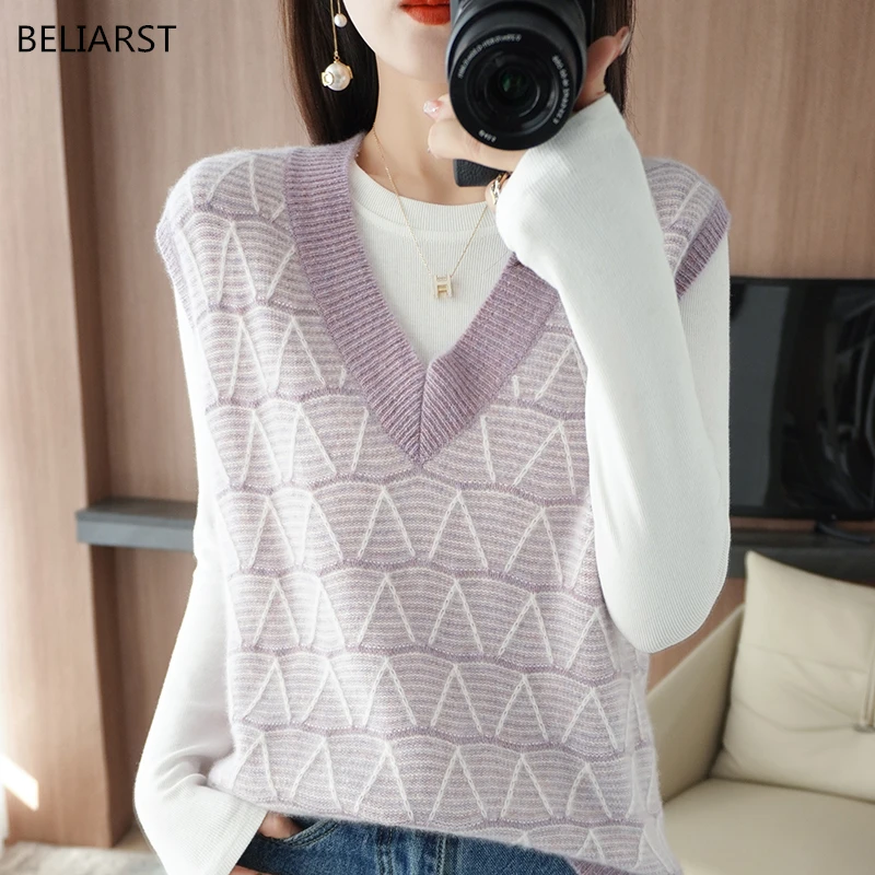 

BELIARST 100% Merino Wool Vest Women's V-Neck Contrast Color Pullover Top Slim Knit Sleeveless Sweater Spring Summer Tank To