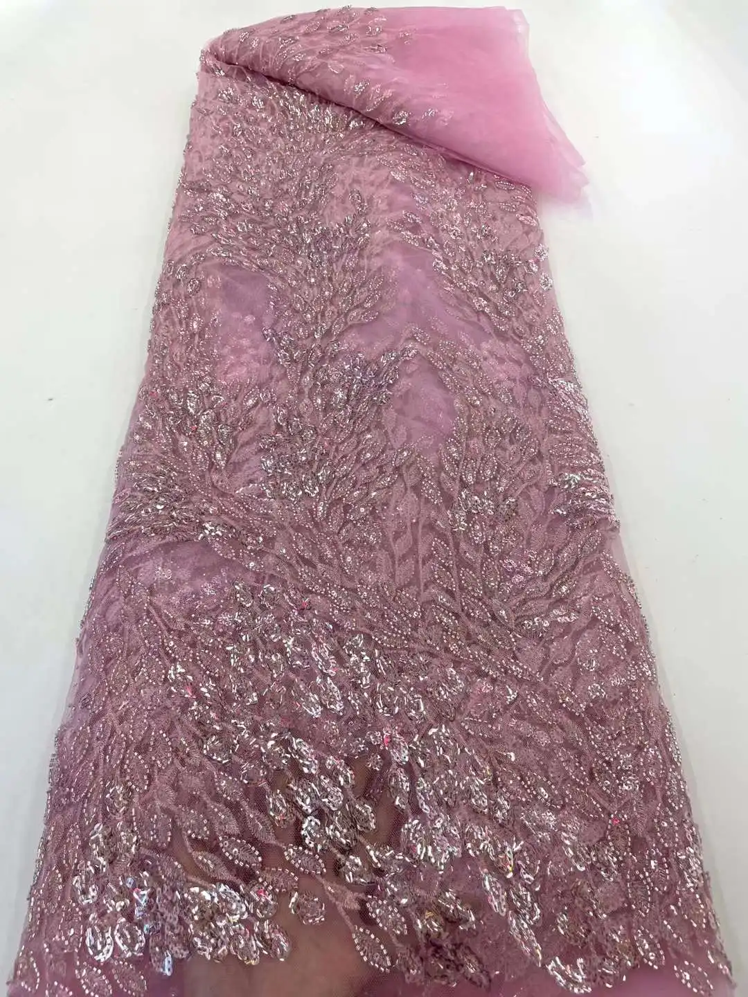 

Handmade Sequins Lace Fabrics High Quality African Beaded Tulle Fabric Embroidery Lace With Pearls For Wedding Dress