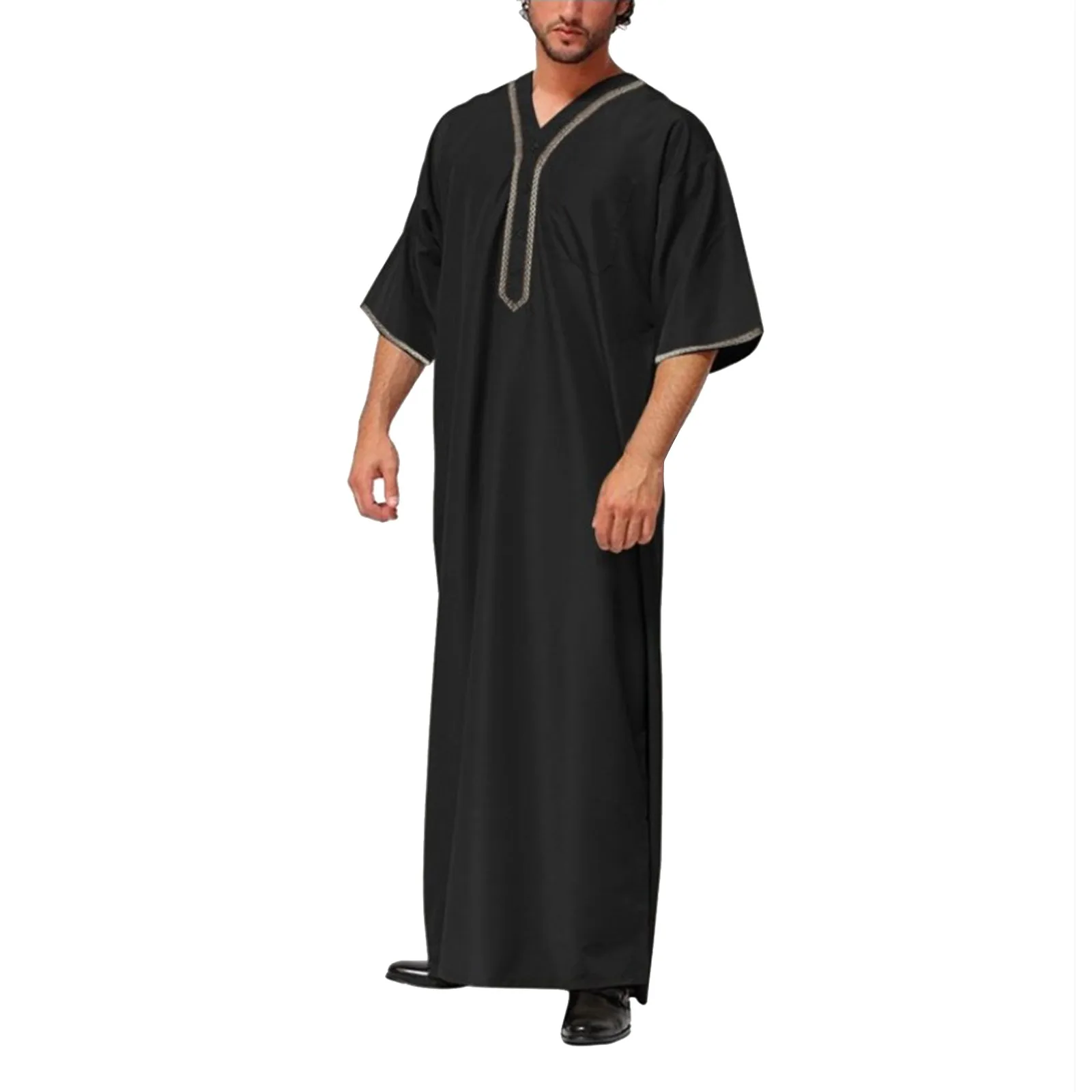 Men Muslim Jubba Thobe Solid Color Button Kimono Middle Robe Saudi Musulman Shirt Stand Collar Islamic Arabic Kaftan Men Abaya