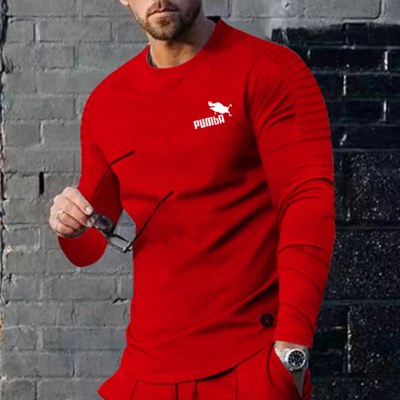 

Men's Spring and Autumn Fashion Long Sleeve T-shirt Men's Solid Round Neck Shoulder Fold Casual Simple T-shirt Top