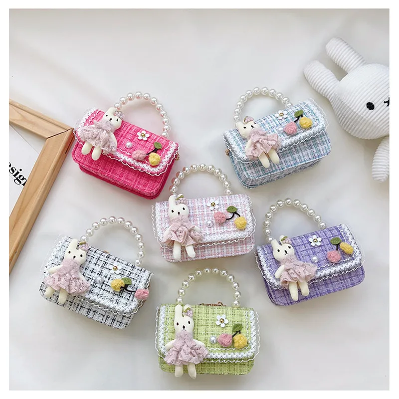 Girl Crossbody Bag Princess Pearl Handbag Cartoon Cute Rabbit Chain Shoulder Messenger Bag Children's Accessories Coin Pouch