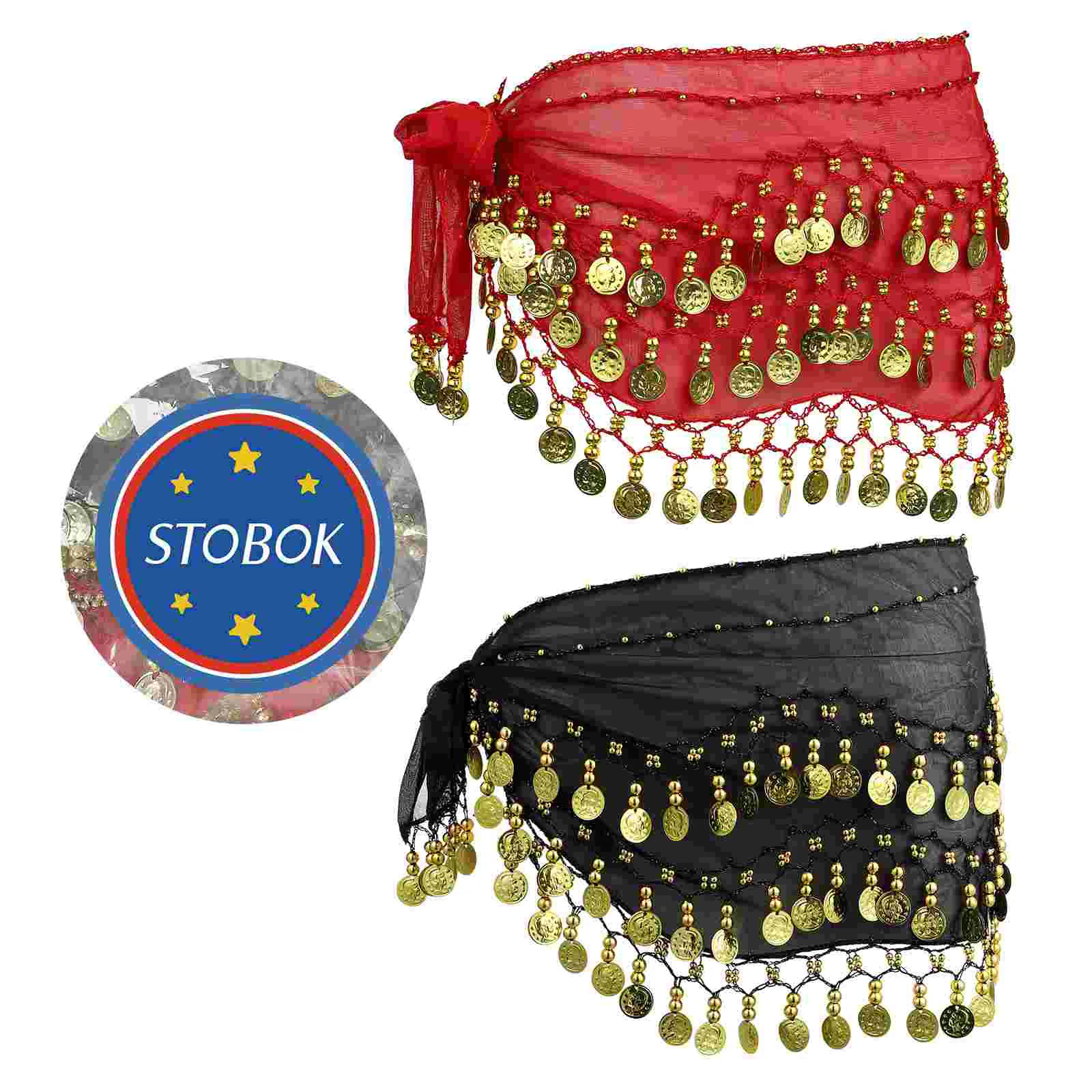 2 Pcs Belly Dancing Waist Chain Dance Hip Scarf Coins Hood Women Hijab Pirate Belt Black Outfit
