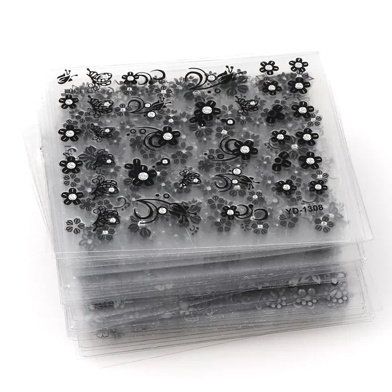 

NEW Sheets Random Design 3D Nail Sticker Transparent Bottom Black Flower Series Nail Sticker Decoration