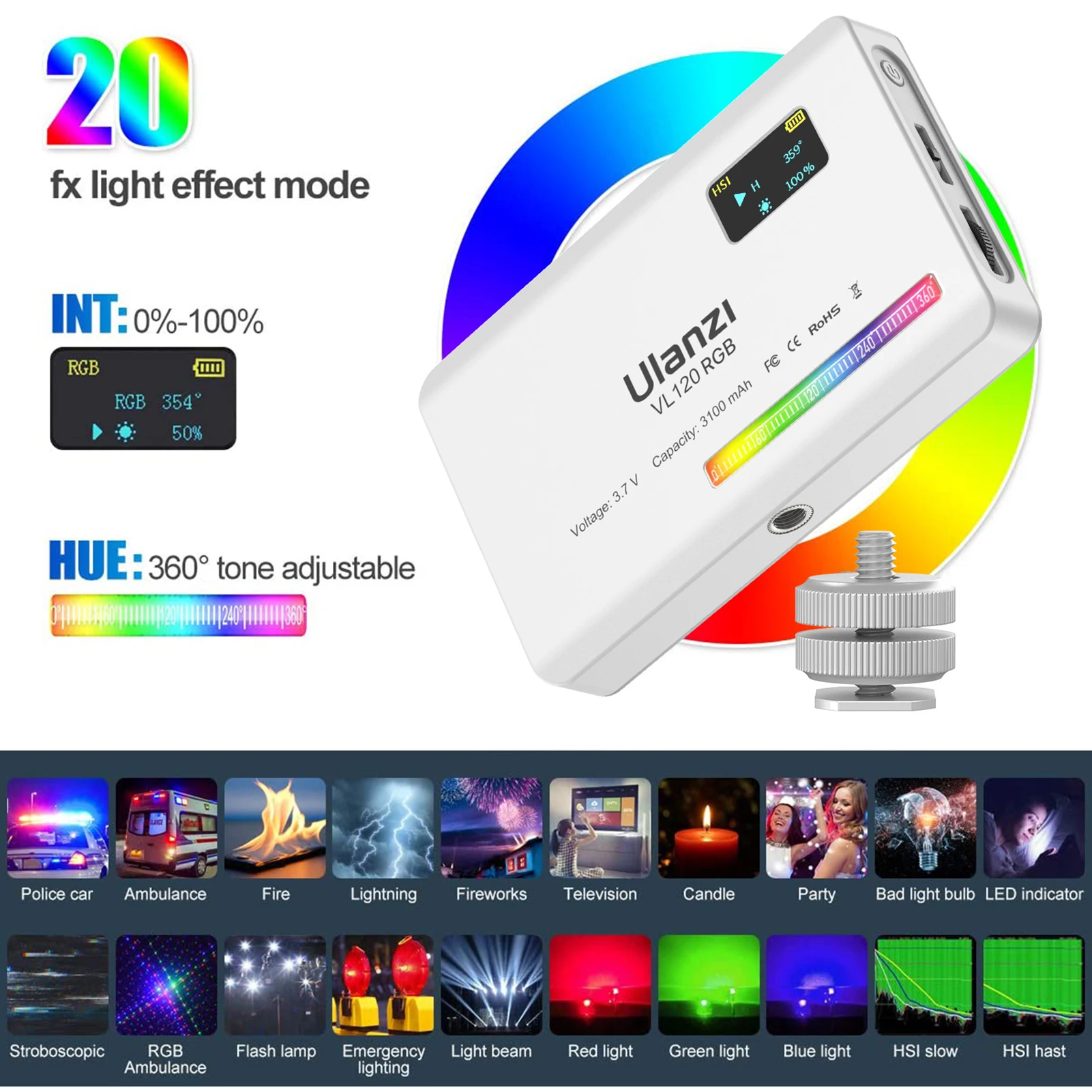 Светодиодный мини-светильник Ulanzi VL120 RGB для видеосъемки 2500K-9000K заполнясветильник