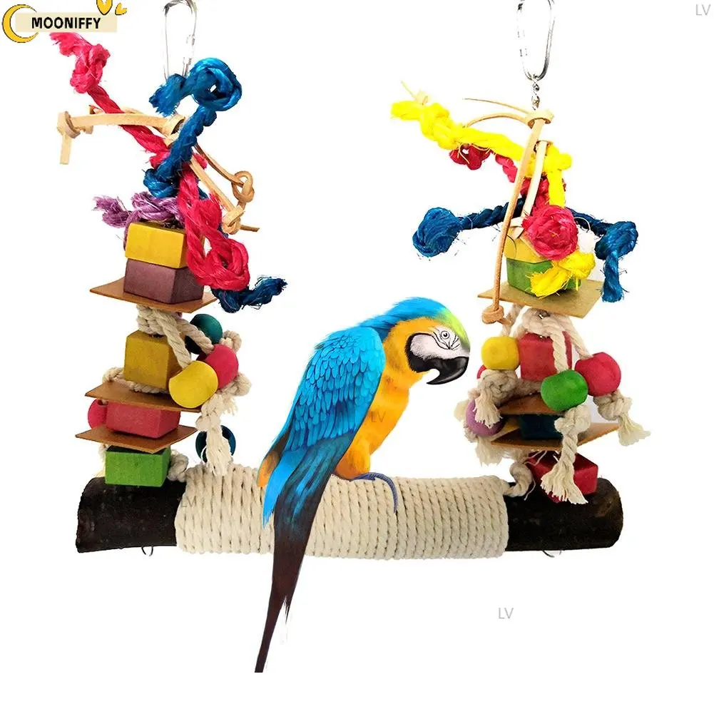 Parrot Bird Bite Toy Removable Washable Hammock Wooden Leather Big Swing Standing Training Toys for Pet Birds