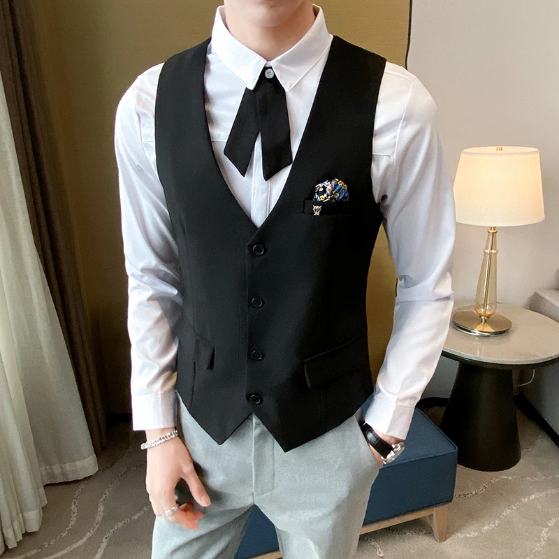 

Men V-Neck Slim Single Breasted Suit-Vest Casual Sleeveless Jacket Wear Back Straps Business Formal Waistcoat Oversized Clothing