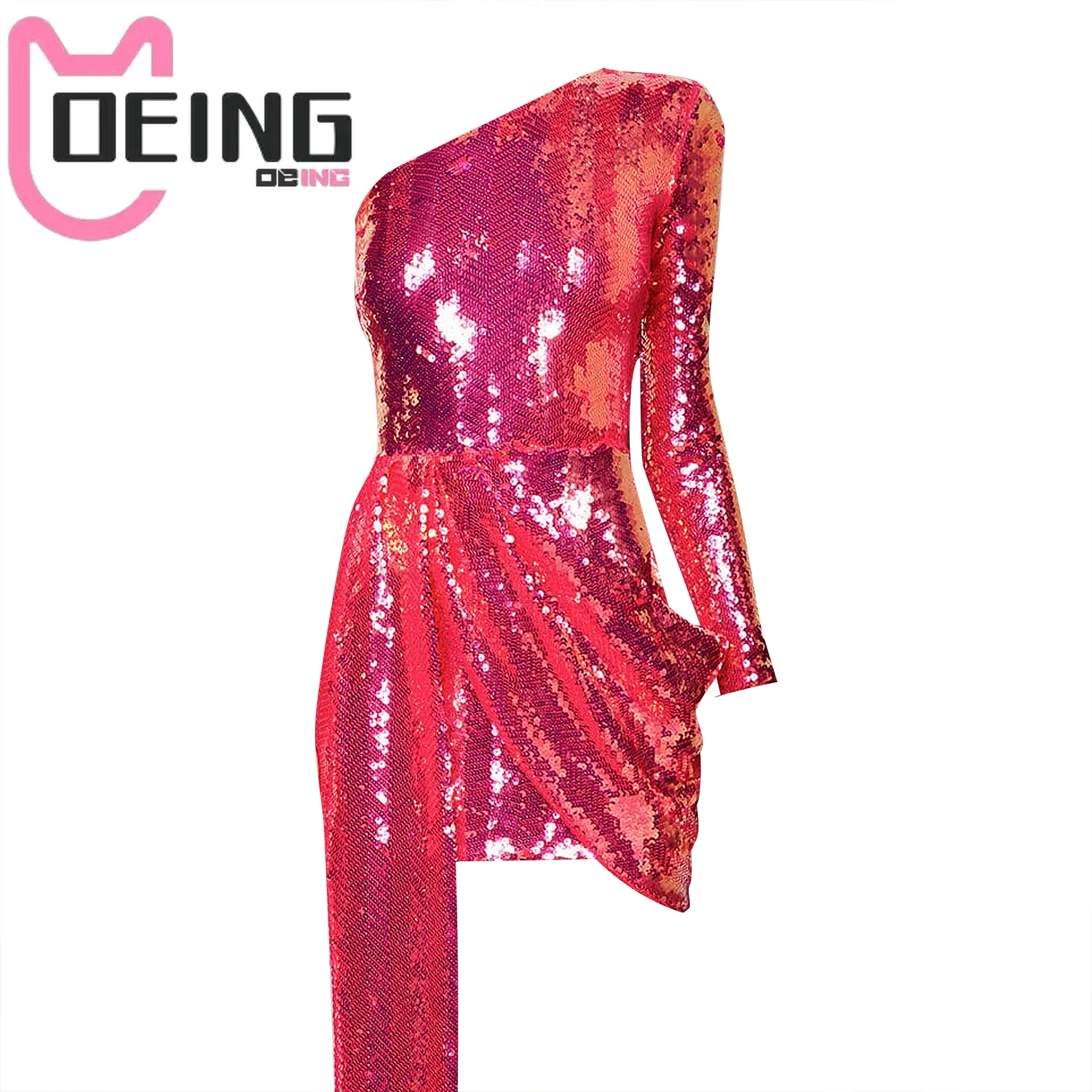 

OEING Temperament Women's Dress Sexy One Shoulder Sequin Pleated Long Sleeve Party Dress Summer Slim Fit Hip Wrap Mini Dress