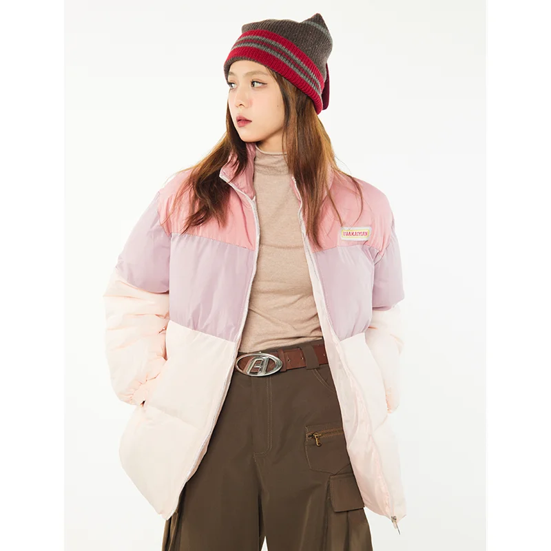 Women Pink Down Jacket Stand Collar Splicing Color Contrast Fashion Thicken Warm Feather Duck Down Female Puffer Winter Outwear