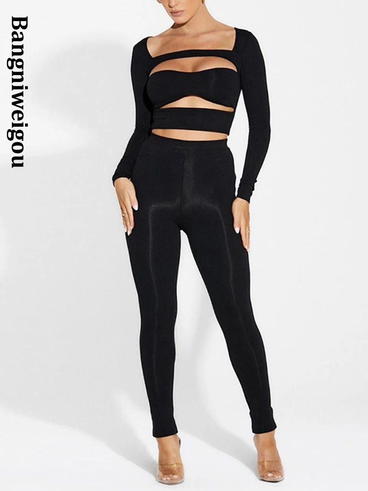 

Bangniweigou Cut Out Top + Leggings Gym Set for Women Autumn Winter Long Sleeve High Waist Pants Skinny Sporty Suit Streetwear