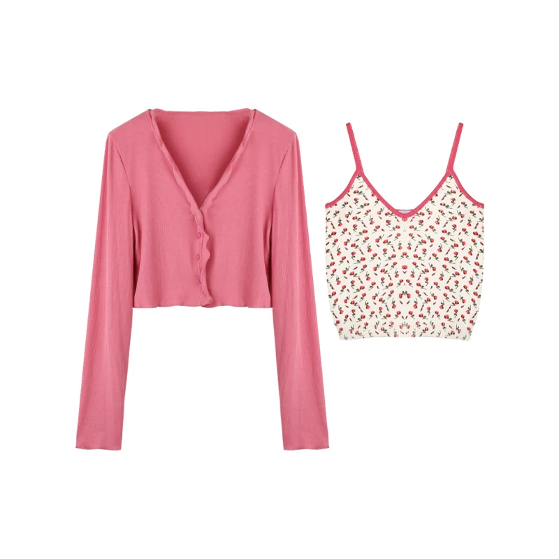 

Sweet 2 Piece Tops for Women Summer Cute Suit Short Cardigan and Crop Tops Floral Pattern V-Neck Knitted Tops Kawaii Clothes