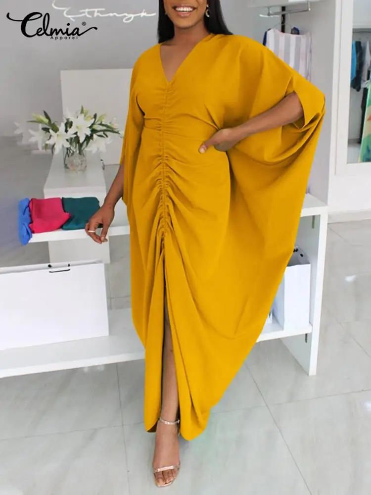 

Celmia женское сексуальное платье макси с V-образным вырезом Осень 2022 винтажные длинные платья с рукавом летучая мышь повседневные плиссирова...