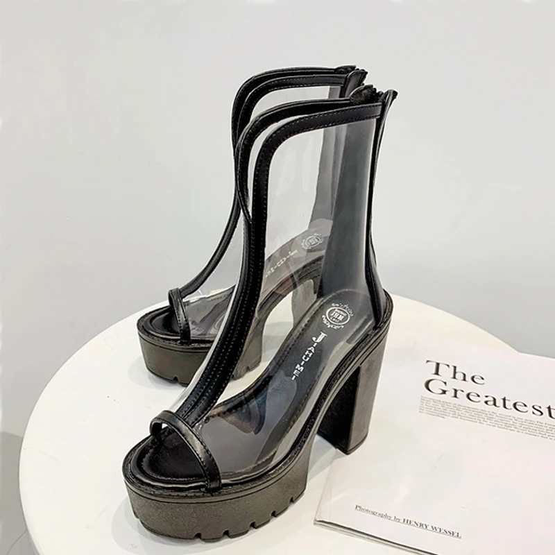 Ботинки на платформе 13 см высокий прозрачный каблук молния сзади открытый носок