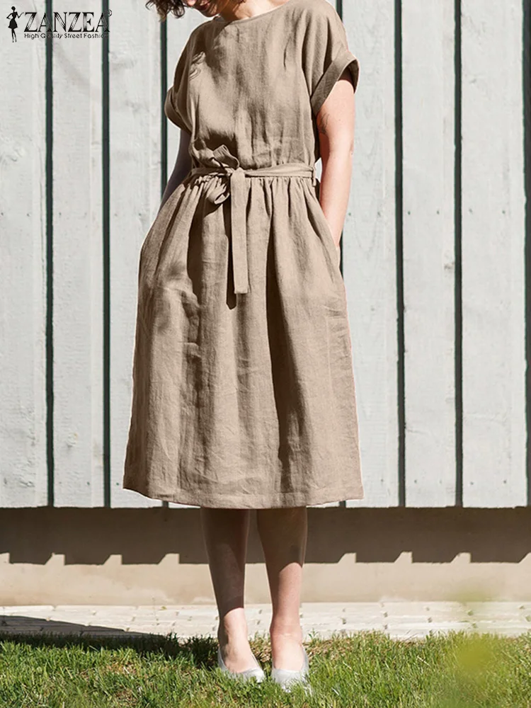 

ZANZEA Femme Fashion Casual Elegant Work OL Beach Vestidos Women Summer Solid Belted Dress O-Neck Short Sleeve Sundress 2022
