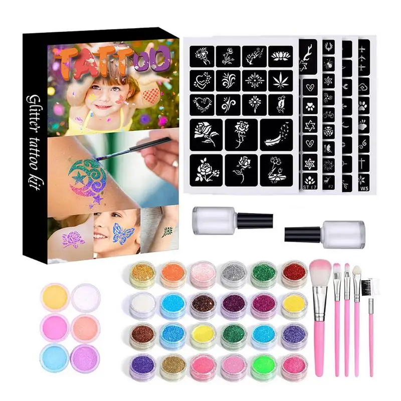 

30 Colors Temporary Stickers 24 Large Glitter Colors And 6 Fluorescent Colors 5 Brushes 2 Glue Body Nail Art For Halloween Body