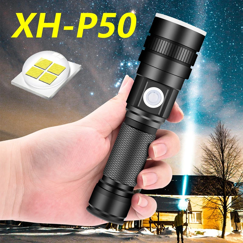 

Powerful LED Flashlights XHP50 Wick Aluminum Alloy Torch Light USB Charging P50 Head Torch Telescopic Zoom Tactical Flashlight