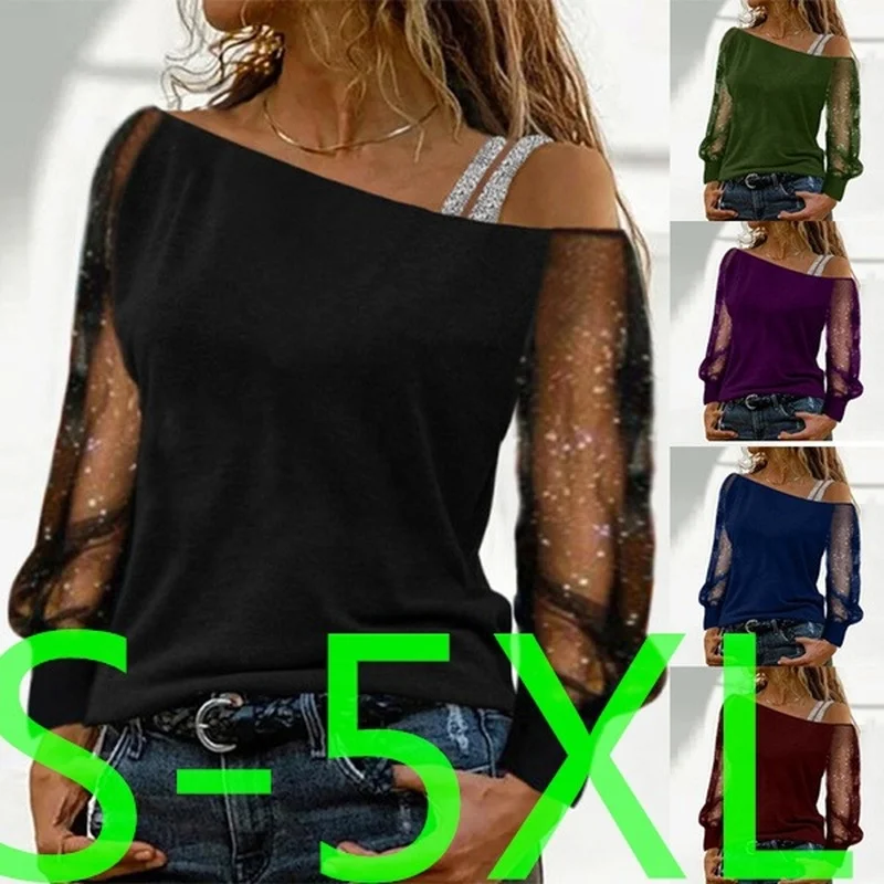 

Женская футболка с длинным рукавом, однотонная Элегантная футболка с открытыми плечами и бриллиантами в стиле пэчворк, весна 2022