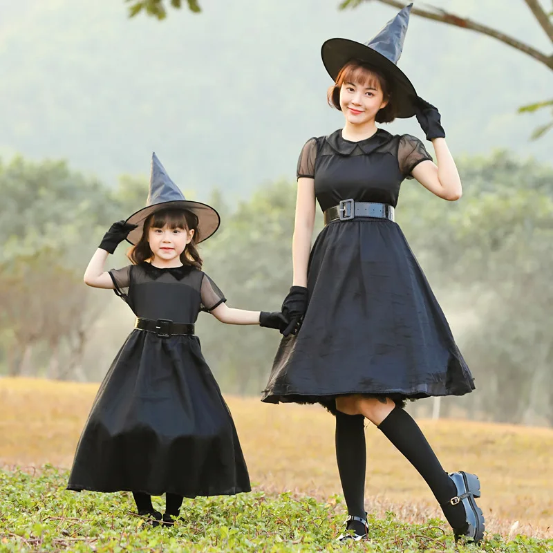 

Black Witch Lolita Costume for Adults Women Girl Kids Halloween Cosplay Party Role Playing Hat Robe Suits Dress Up Outfit
