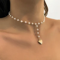 ailodo elegant pearl chain heart pendant necklace for women simple fashion party wedding statement necklace collier femme gift