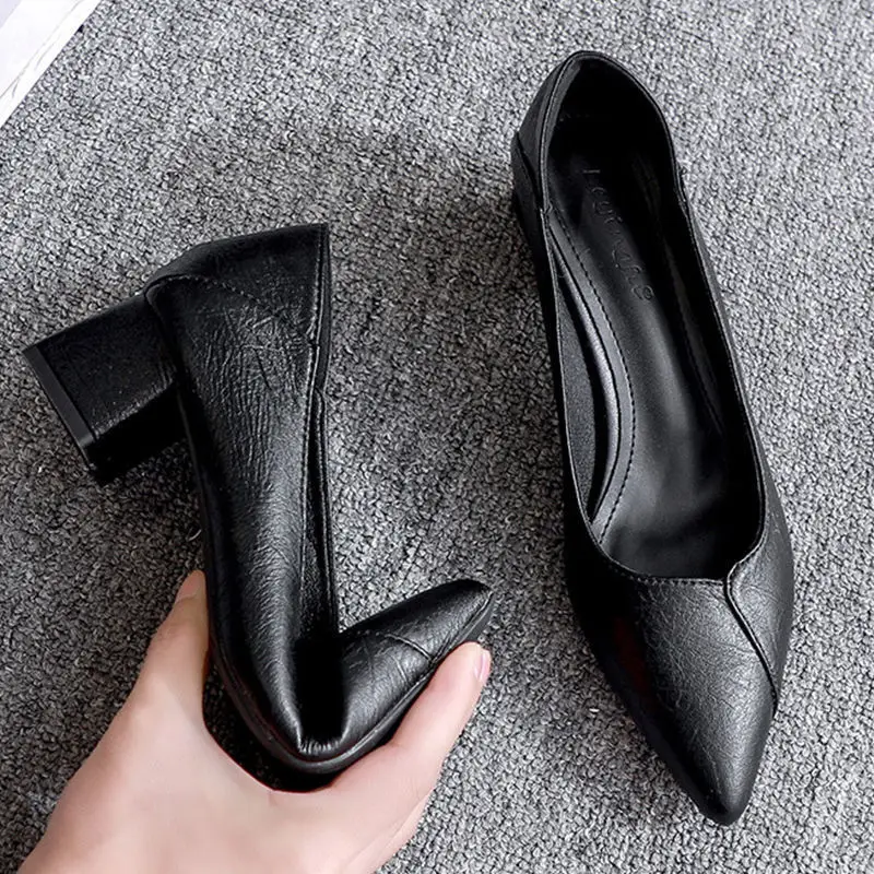 Black Chunky Heeled Women Shoes Square Heel Leather Shoes Pumps Zapatos De Mujer Fashion Designer Office Ladies Shoes