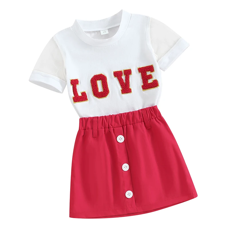 

Toddler Baby Girl Valentines Day Outfit 2 Piece Infant Little Kids Short Sleeve Love Shirt Elastic Waist Skirt Set