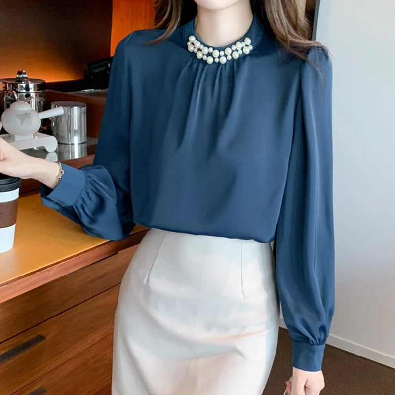 

Autumn Long Sleeve Blouse Women Beading Chiffon Blouse Shirt Tops Ladies Blusas Mujer De Moda 2022 New Fashion Feminina S9283
