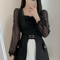 womens clothing fashion square collar flare short sleeve solid loose mesh chiffon blouse casual shirt vintage female tops 98d