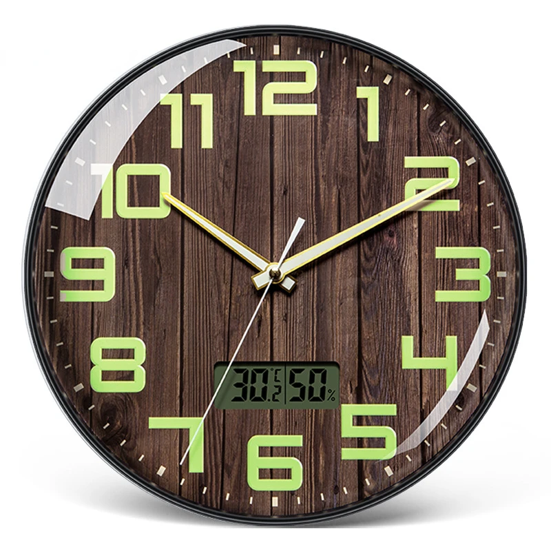 

Wood Grain Wall Clock Home Living Room Study Luminous Simple Clock Creative LCD Temperature Display Quartz Clock