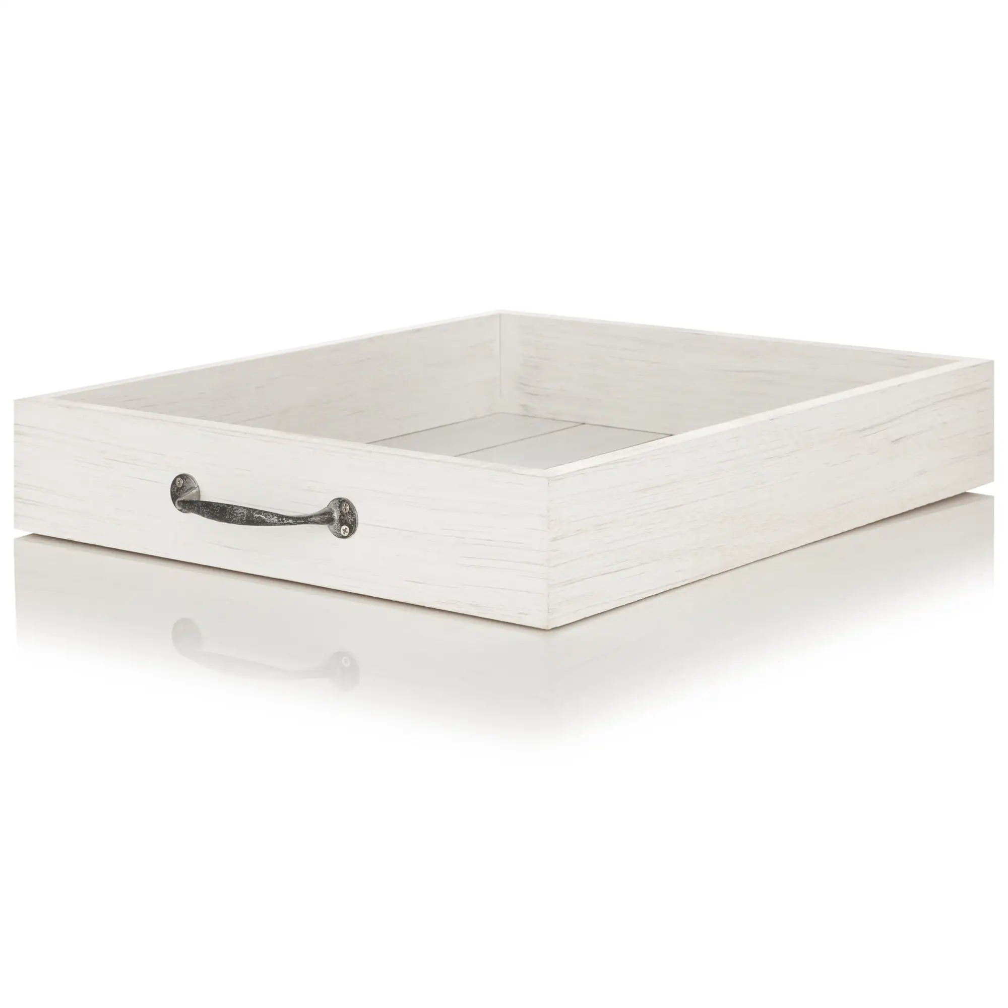 

White Rustic Rectangular Wood Tray with Metal Handles, 15" x 13"