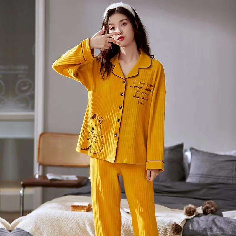 Pyjamas Women Spring 100% Cotton Sleepwear 2022 New Turn-Down Collar Home Clothes 2 Pieces /Sets Long Sleeve Trousers Homew