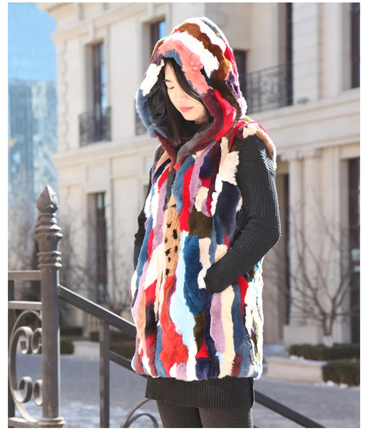 natural New real genuine rex rabbit Fur vest with hood Women's fashion multi-color Jacket gilet warm winter custom any size