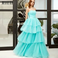 jeheth blue simple strapless tiered tulle beach evening dresses a line lace up backless pleats prom gowns floor length plus size