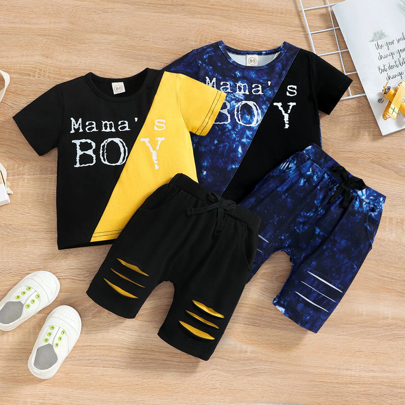 

Little Boy Shorts Set Round Neck Short Sleeve Lettering Patchwork Tops Elastic Waist Cut Out Solid Color Short Pants