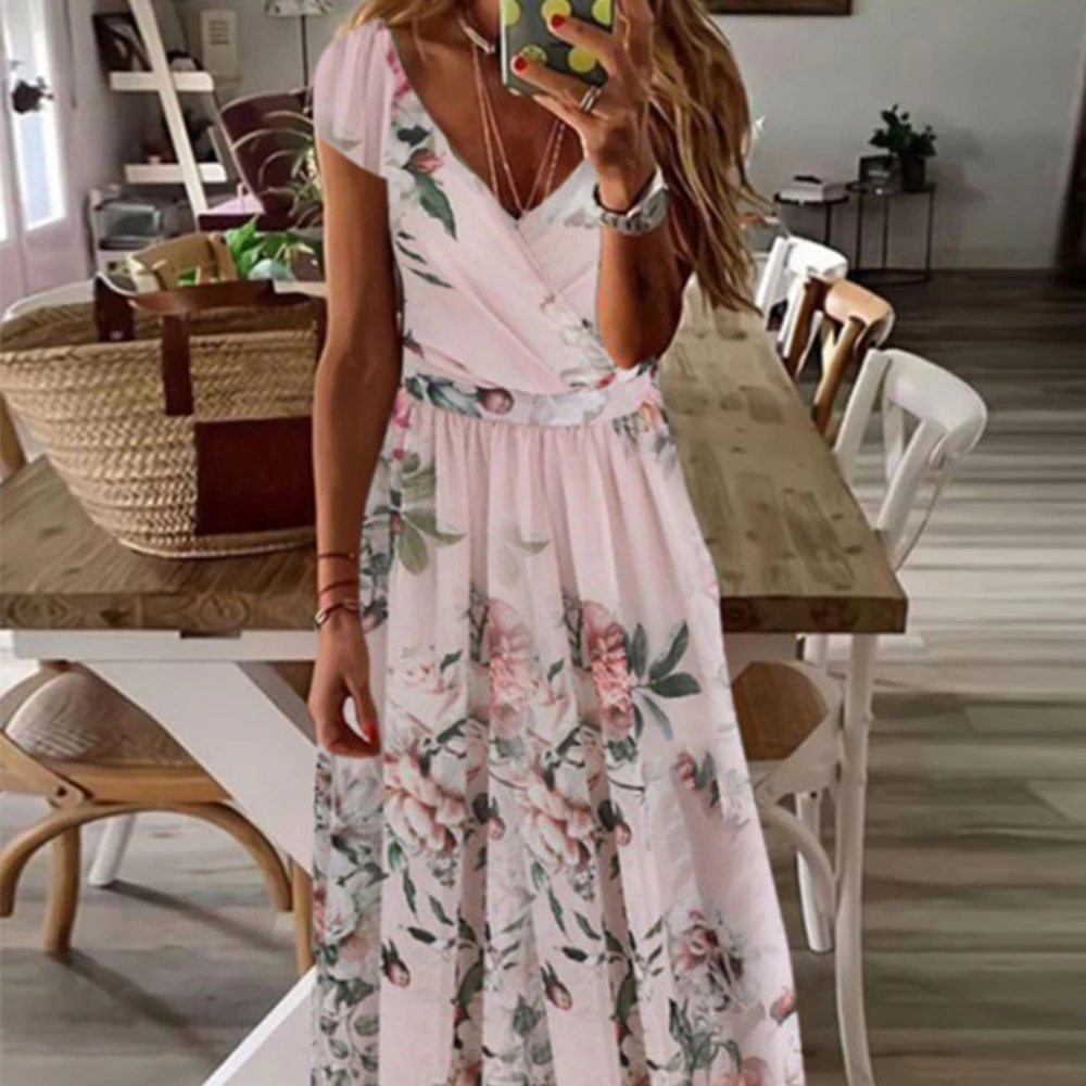 

Vintage Floral Printed Boho Beach Maxi Dress Women Elegant V-Neck High Waist Party Dresses New Fashion Female Short Sleeve Dress