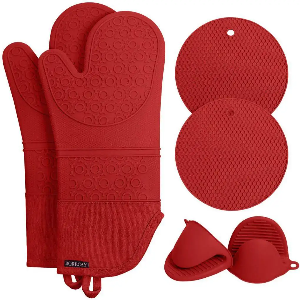 

6Pcs/set Microwave Glove Non-slip Gloves Mitts Placemat Kitchen Potholder mat for BBQ Insulation Gloves Hot Oven Mitts Baking