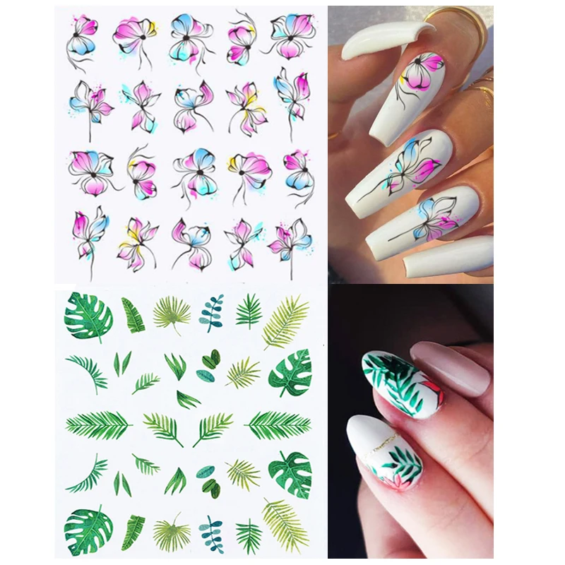 

Water Transfer Stickers Spring Colorful Ink Flowers Green Tropical Palms Nail Decals Decoration For Nail Art Manicure Beauty