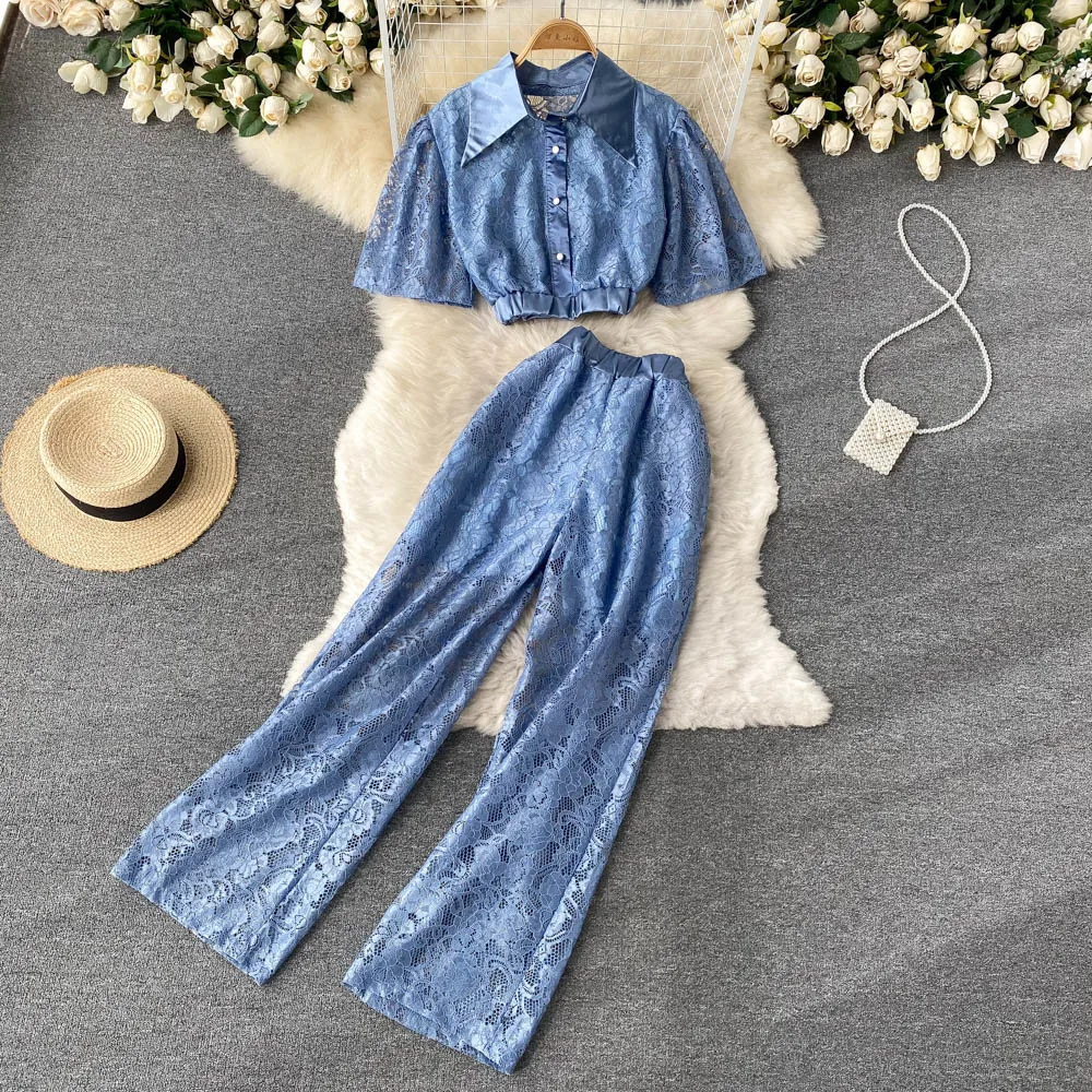 

Women Lace Two Piece Set Spring Summer Elegant Turn-Down Collar Single Breasted Short Tops + High Waist Wide Leg Pants Suits New