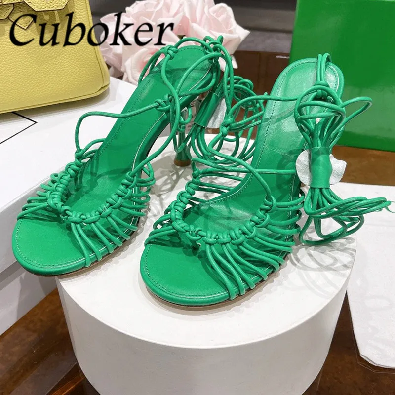 

2022 New Summer Green Braid Leather Thin High Heels Women Sandals Ankle Strap Peep Toe Pumps Sexy Party Shoes Gladiator Shoes