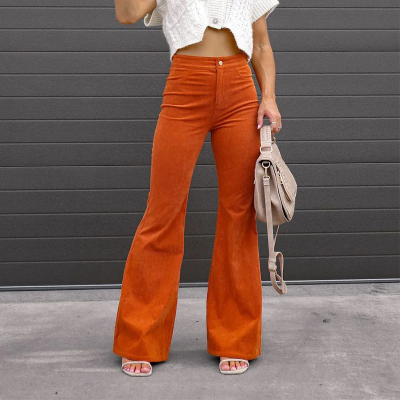 

2023 Autumn and Winter Women's Solid Color Mid-rise Slim Fit Micro Flared Corduroy Casual Pants