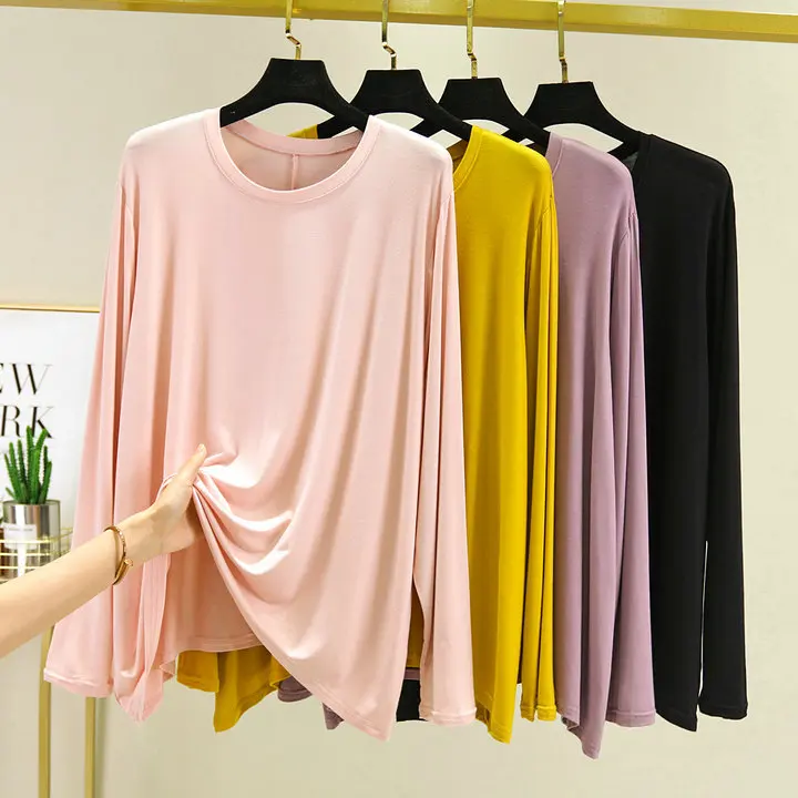 

Women's Spring and Summer Modal Long Sleeved T-shirt Loose Fit Nightwear Casual Plus Size Homewear Women T Shirt