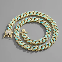 2022 new high quality hip hop blue enamel cuban chain choker necklace 2 tone color miami curb link hip hop jewelry
