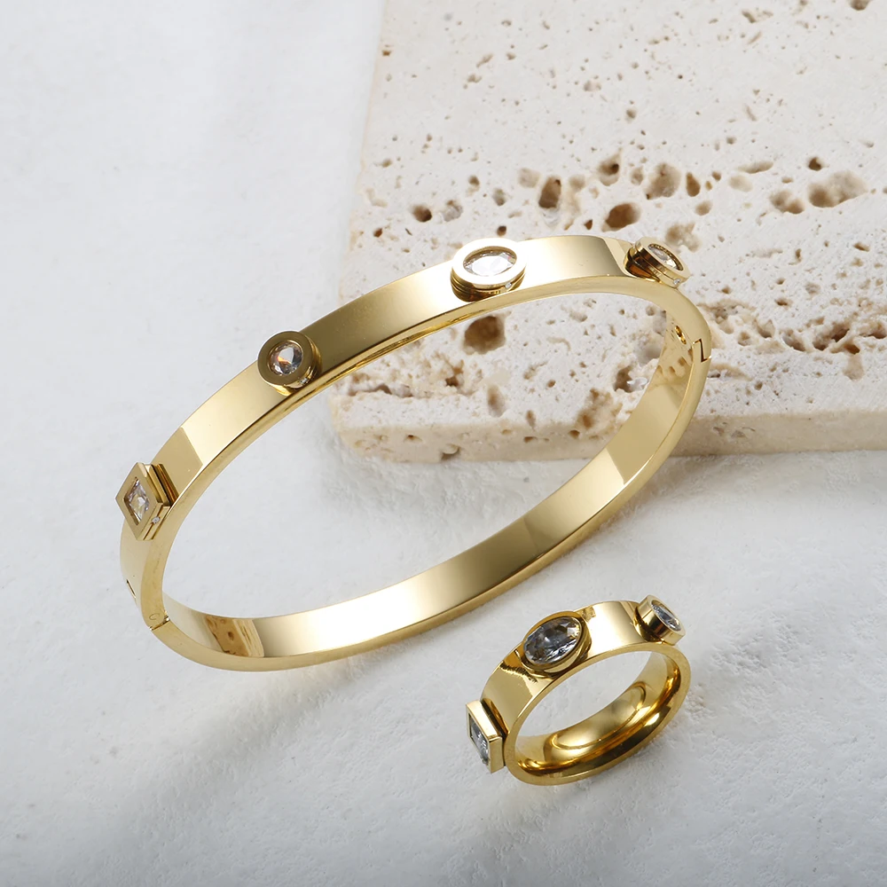 

Stainless Steel Gold Plated White Cubic Zircon Bangles Bracelets Green Crystal Rings For Women Wedding Jewelry Set