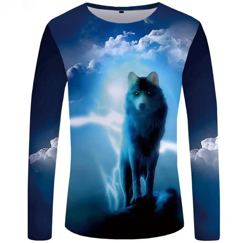

3D Wolf Printing Men's Spring Autumn T-Shirt Oversize Round Neck Long Sleeve Streetwear Shirt New Punk Man Loose Tees Tops